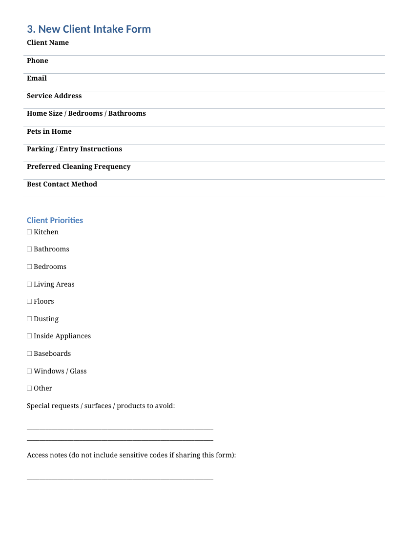 Client intake form template