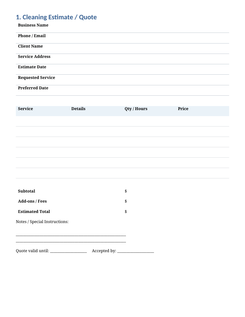 Cleaning estimate template